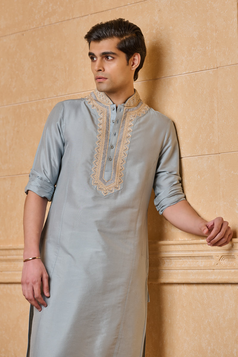 Light Blue Kurta Set with Aari Embroidery on Collar & Placket