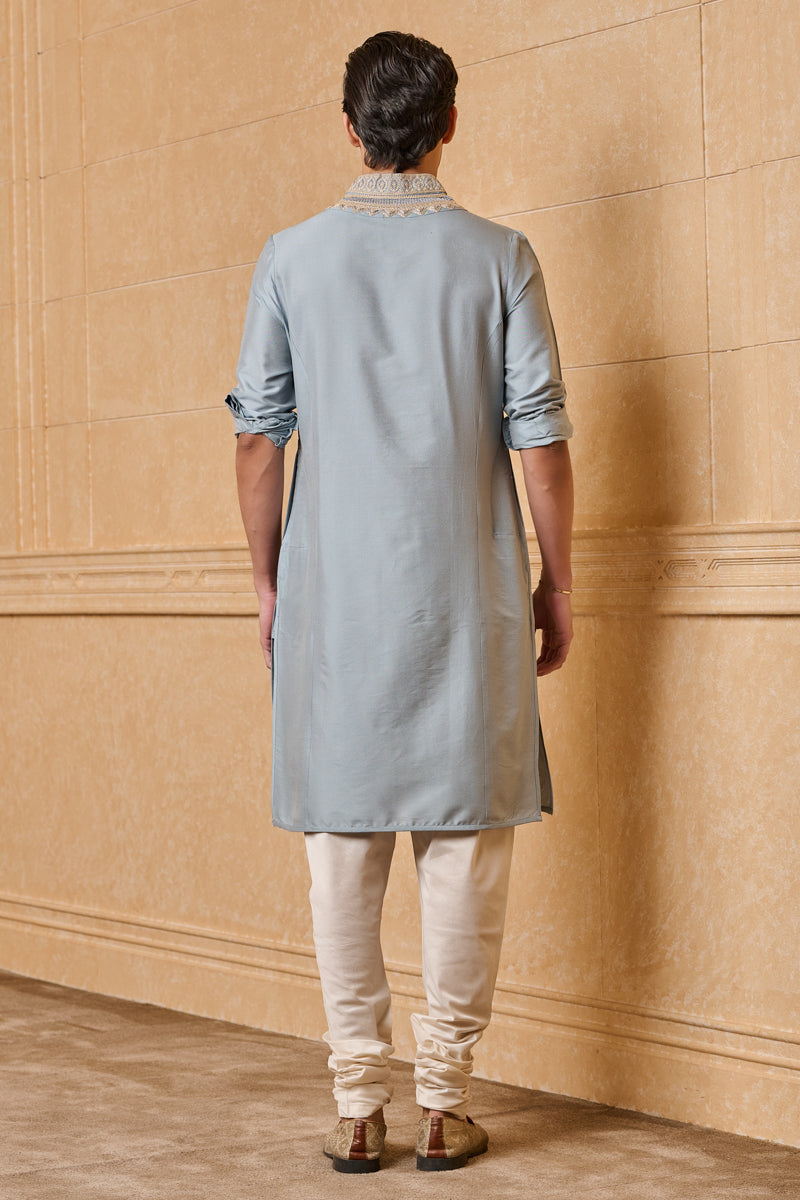 Light Blue Kurta Set with Aari Embroidery on Collar & Placket