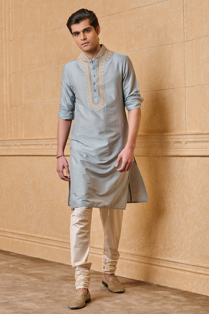 Light Blue Kurta Set with Aari Embroidery on Collar & Placket