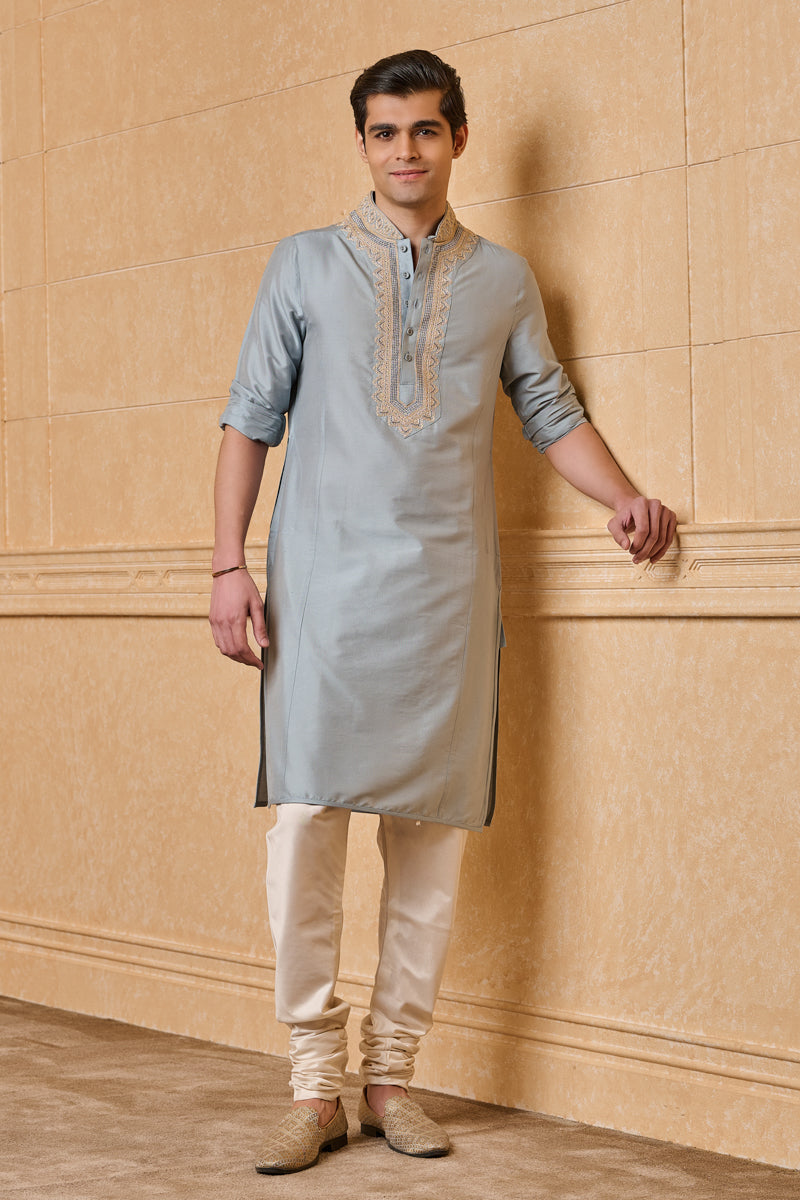 Light Blue Kurta Set with Aari Embroidery on Collar & Placket