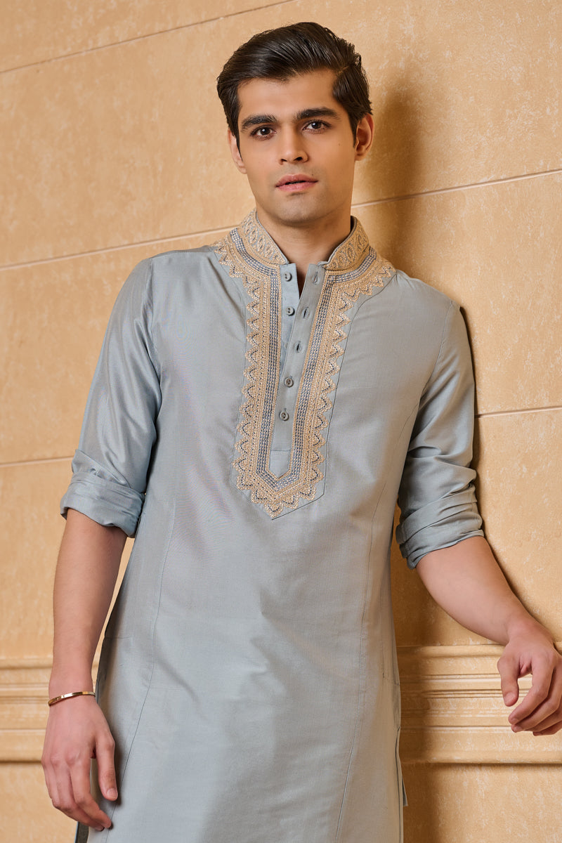 Light Blue Kurta Set with Aari Embroidery on Collar & Placket