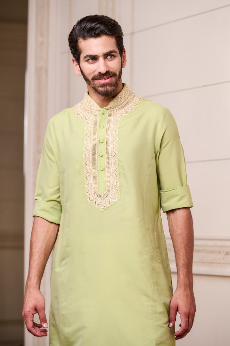 Light Green  Aari Embroidered Kurta Set