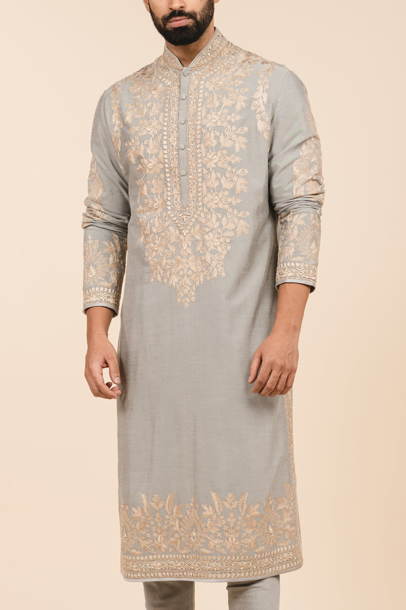 Medium Grey All Over Resham Aari Embroidered Panel Kurta Set