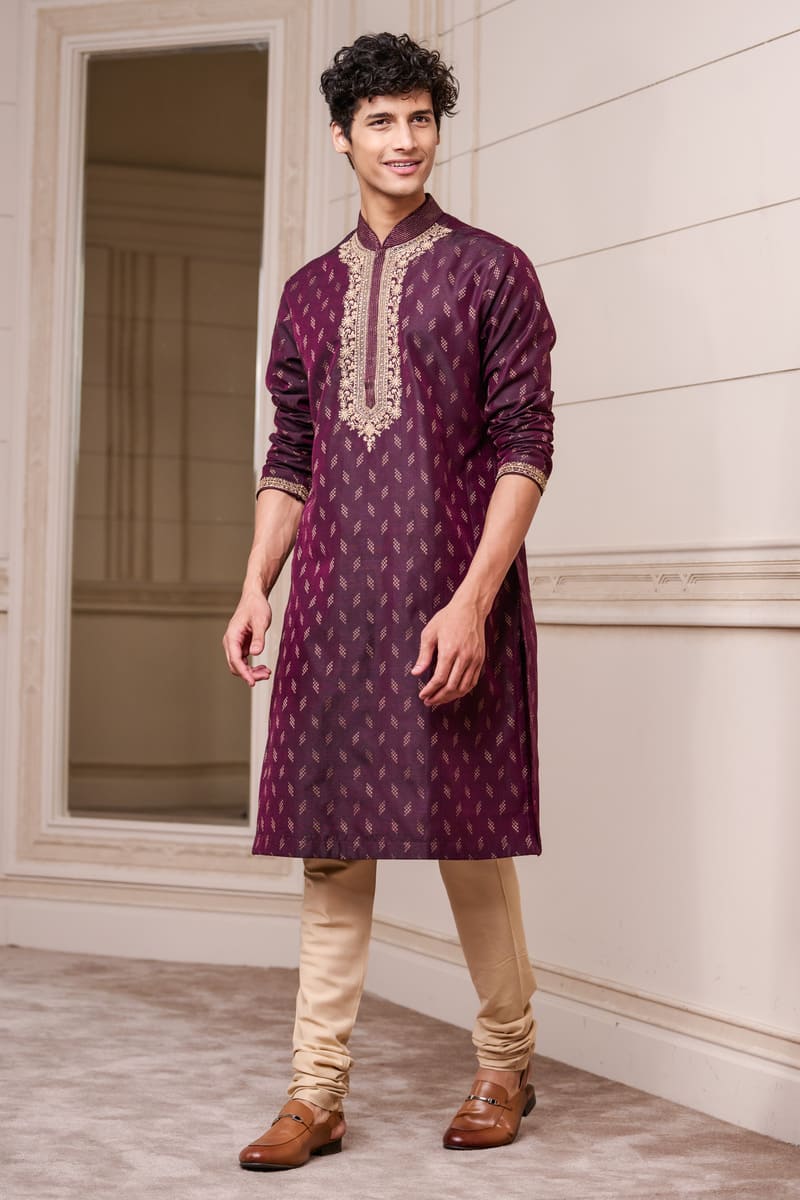 Wine Jacquard Kurta Set