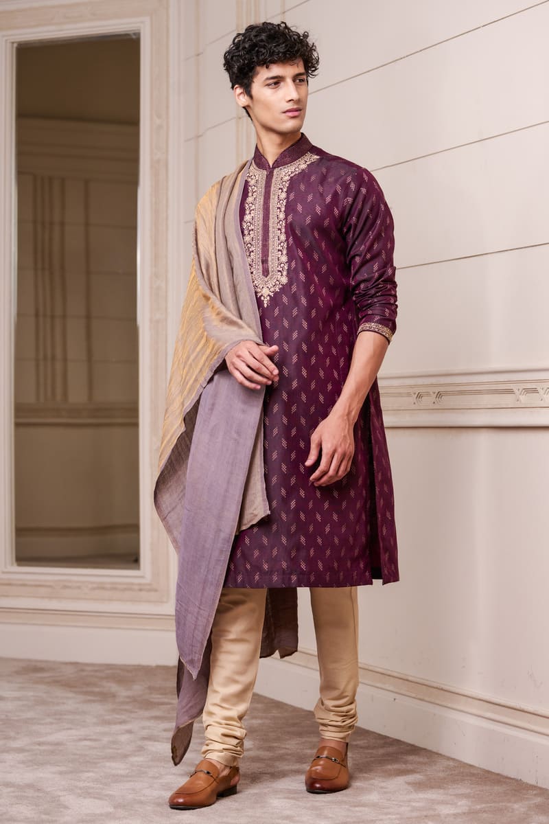 Wine Jacquard Kurta Set