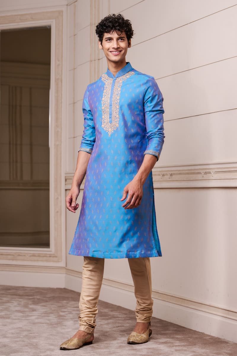 Medium Blue Jacquard Kurta Set