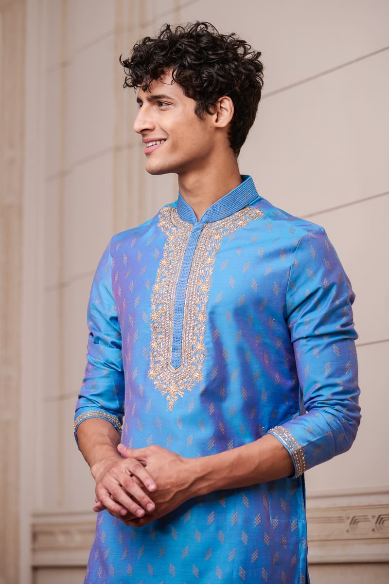 Medium Blue Jacquard Kurta Set