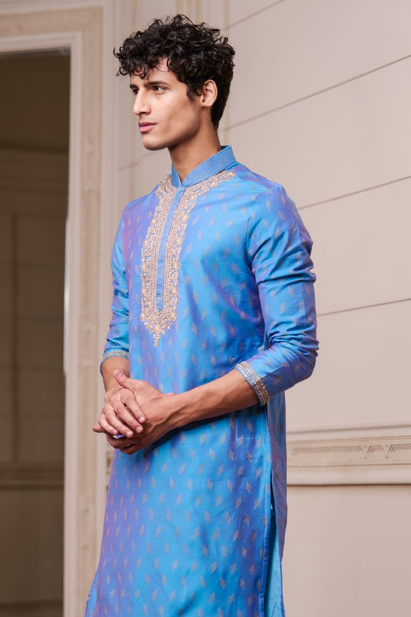 Medium Blue Jacquard Kurta Set