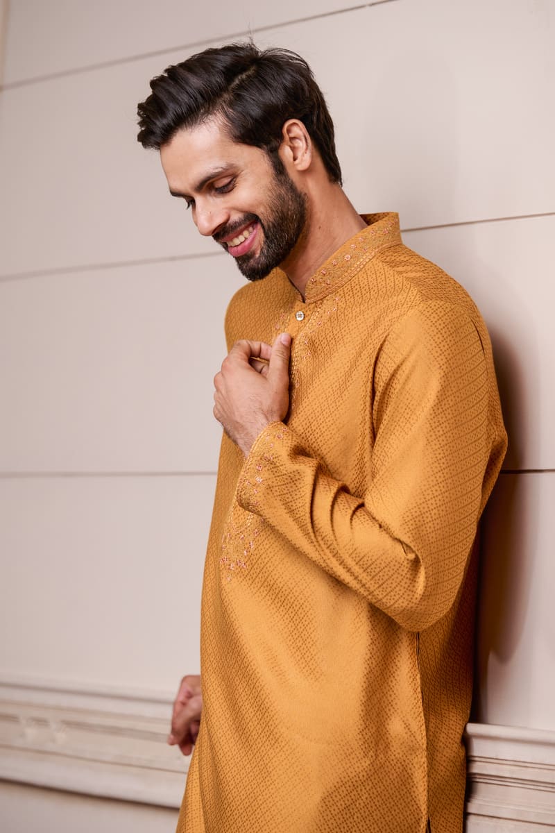 Yellow Self-Textured Kurta Set