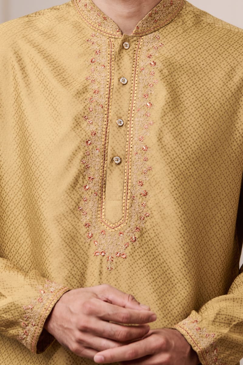 Brown Self Textured Silk Jacquard Kurta Set With Embroidered Neck And Collar