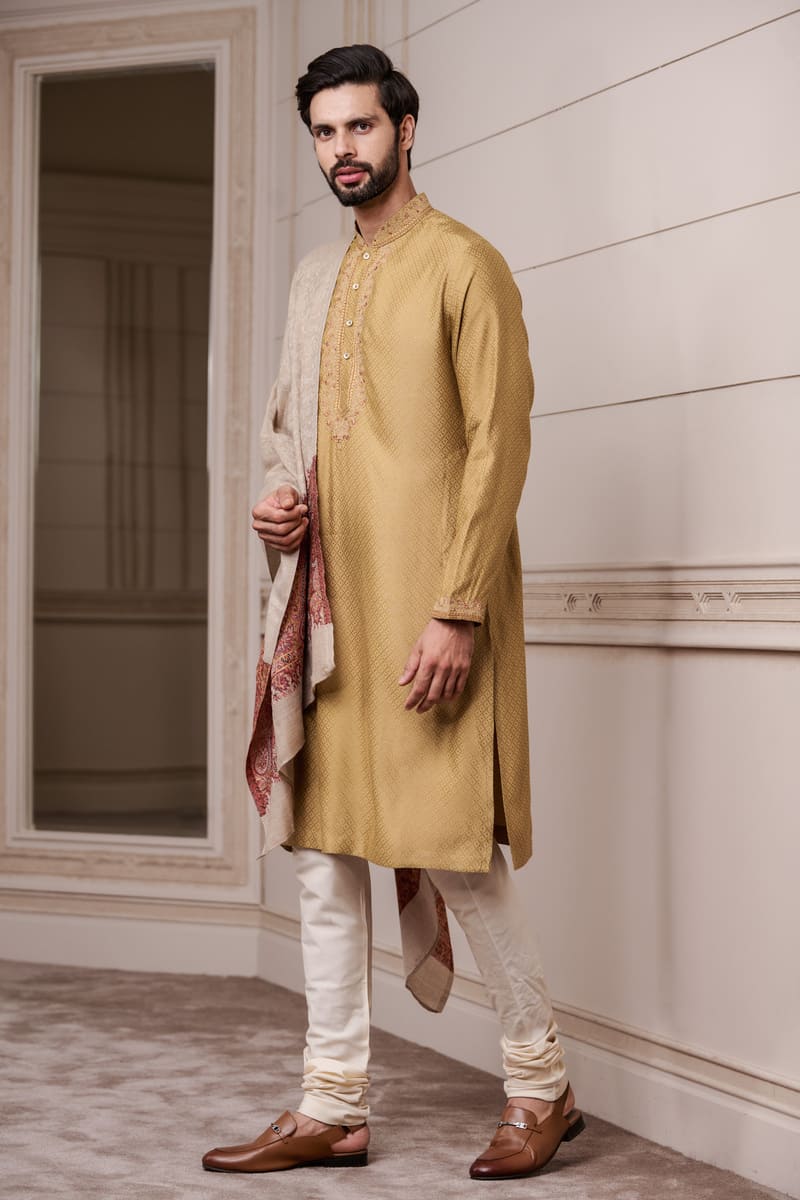 Brown Self Textured Silk Jacquard Kurta Set With Embroidered Neck And Collar