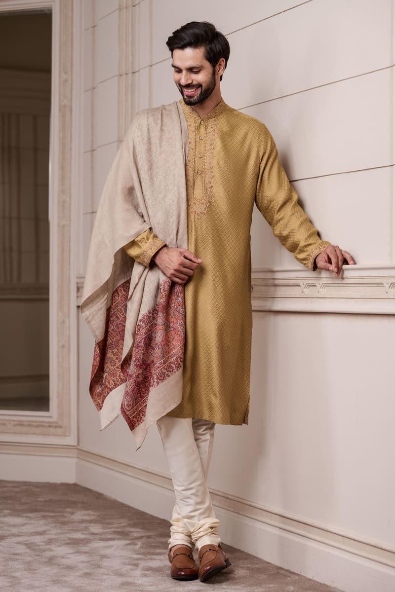 Brown Self Textured Silk Jacquard Kurta Set With Embroidered Neck And Collar