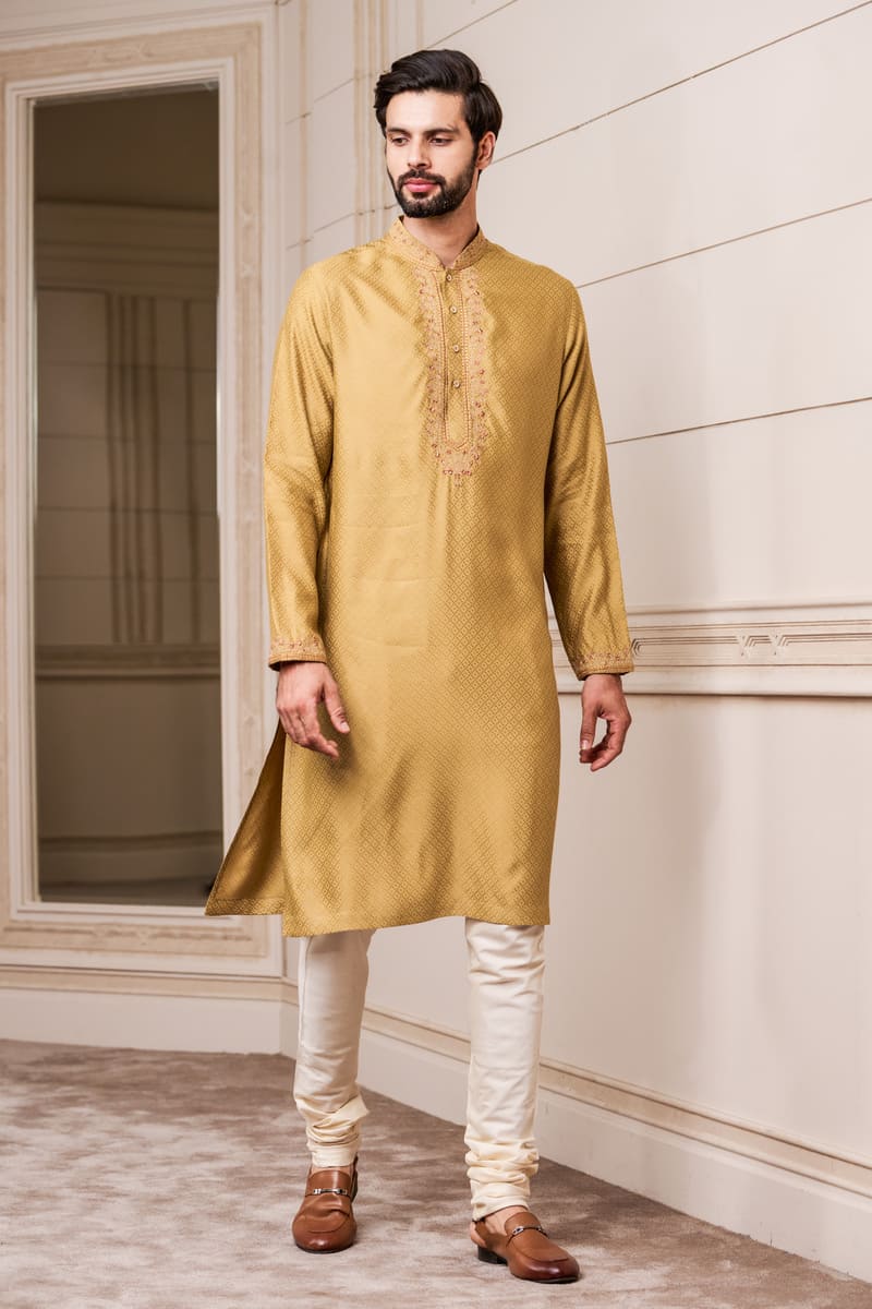 Brown Self Textured Silk Jacquard Kurta Set With Embroidered Neck And Collar