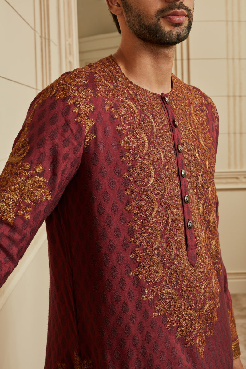 Wine Jacquard Embroidered Kurta Set