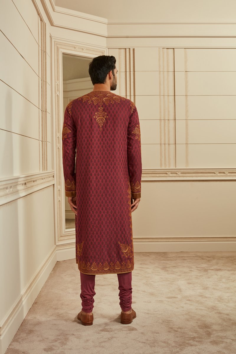 Wine Jacquard Embroidered Kurta Set