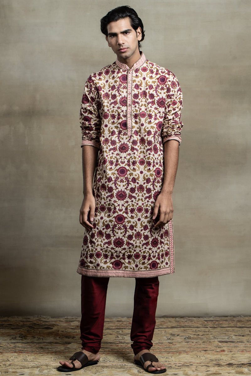 Maroon Floral Printed Cotton Kurta Set