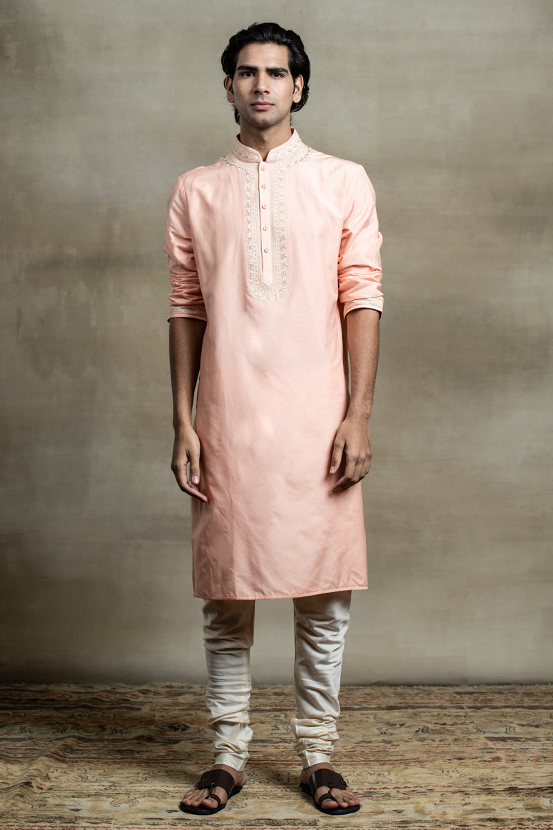 Peach Cotton Silk Kurta Set With Thread Embroidery Detailing