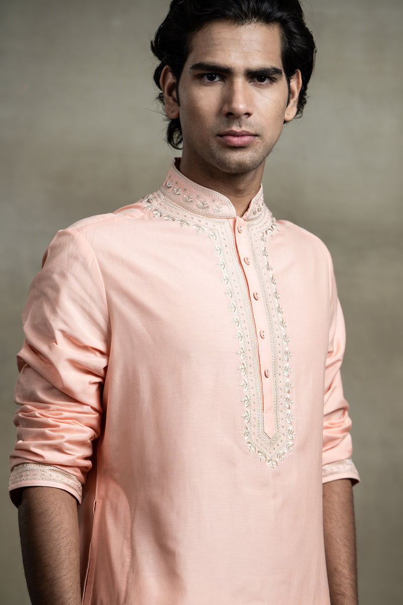 Peach Cotton Silk Kurta Set With Thread Embroidery Detailing