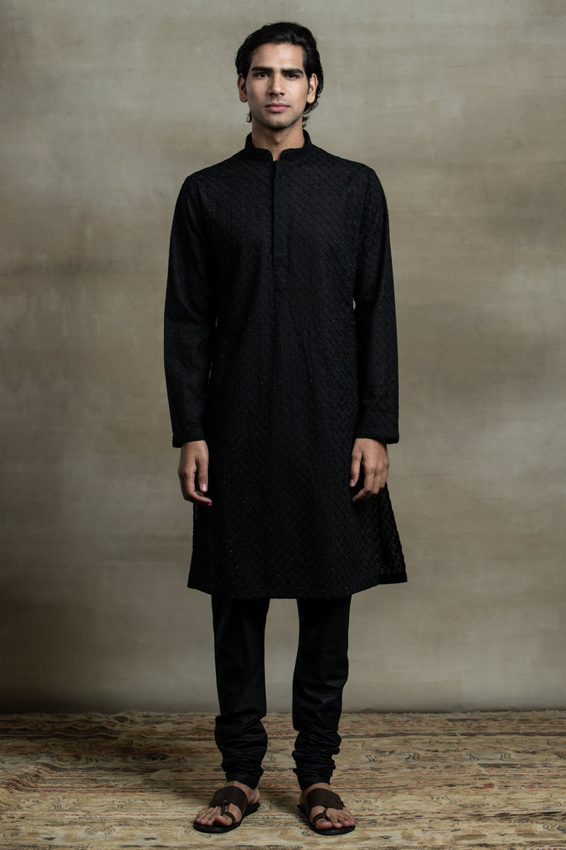 Black All Over Schiffli Embroidered Kurta Set