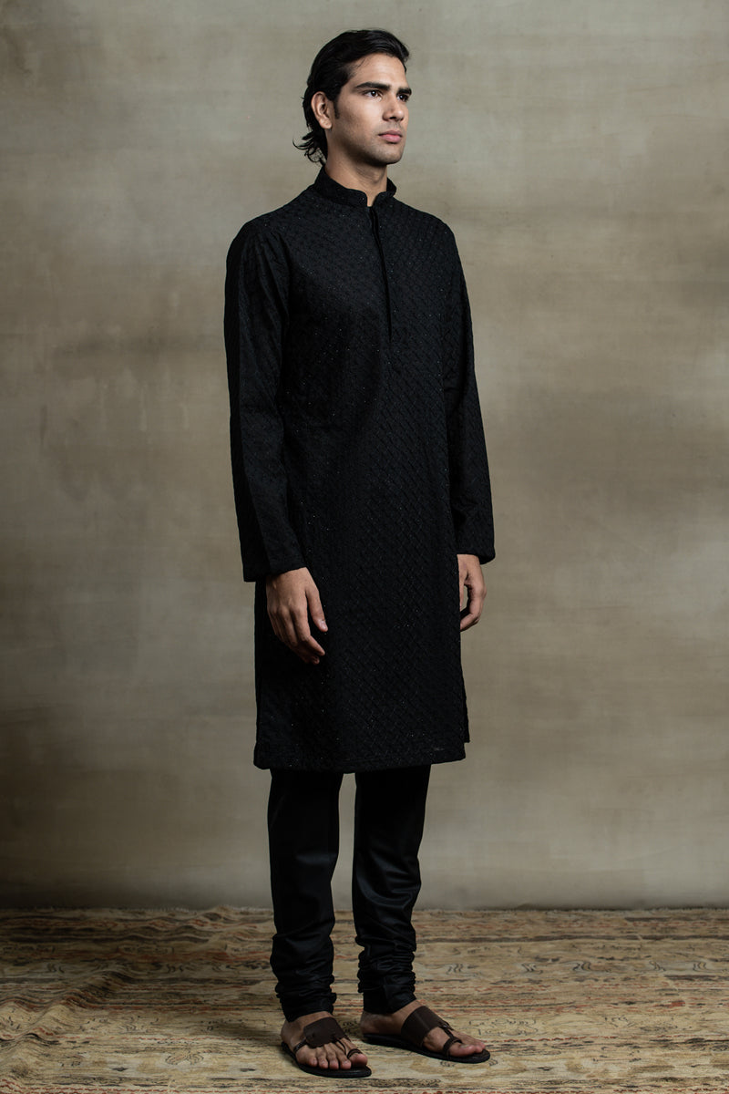 Black All Over Schiffli Embroidered Kurta Set