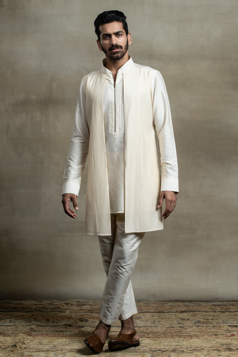 Ivory Textured Faux Jacket Detailed Kurta Set