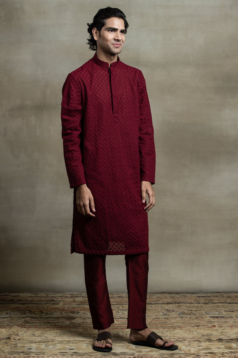 Maroon All Over Schiffli Embroidered Kurta Set