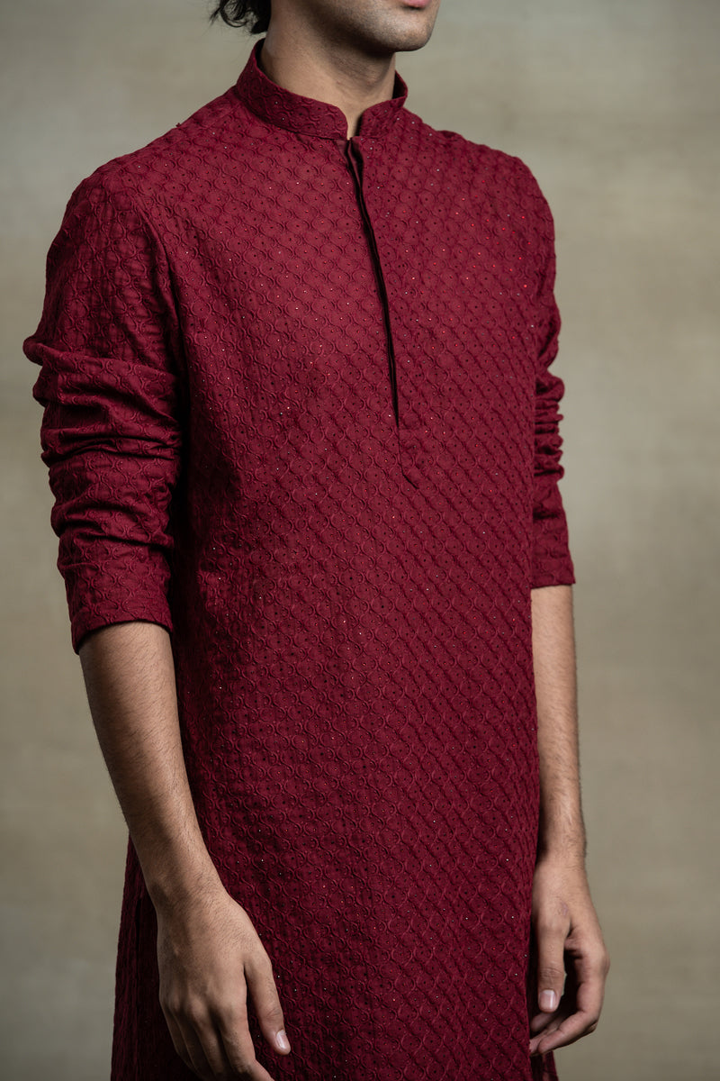 Maroon All Over Schiffli Embroidered Kurta Set