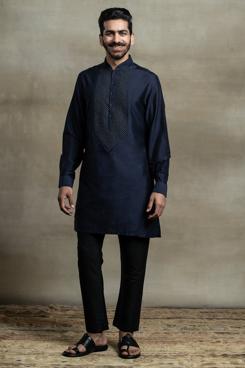 Navy Kurta Set With Textured Yoke Detailing