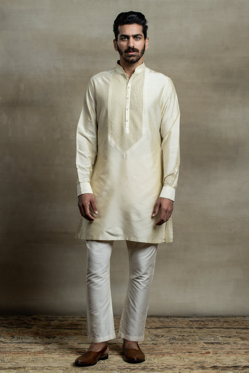 Gold Kurta Set With Textured Yoke Detailing