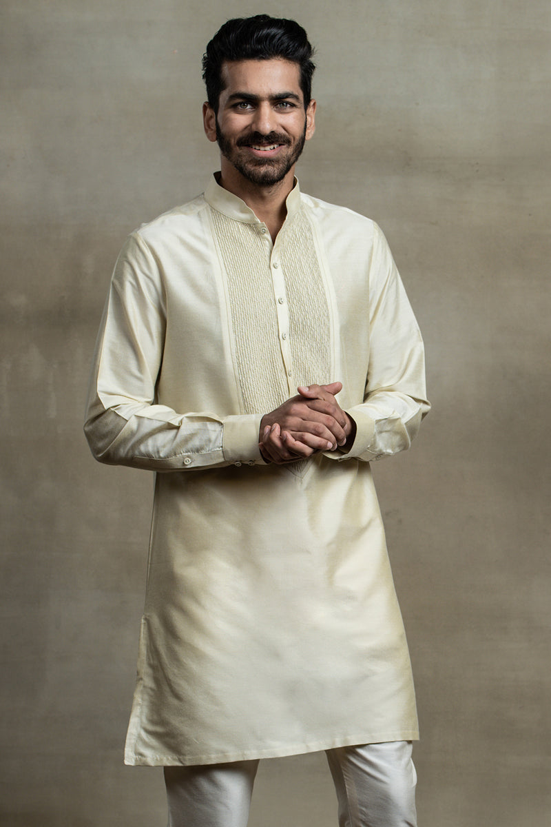 Gold Kurta Set With Textured Yoke Detailing