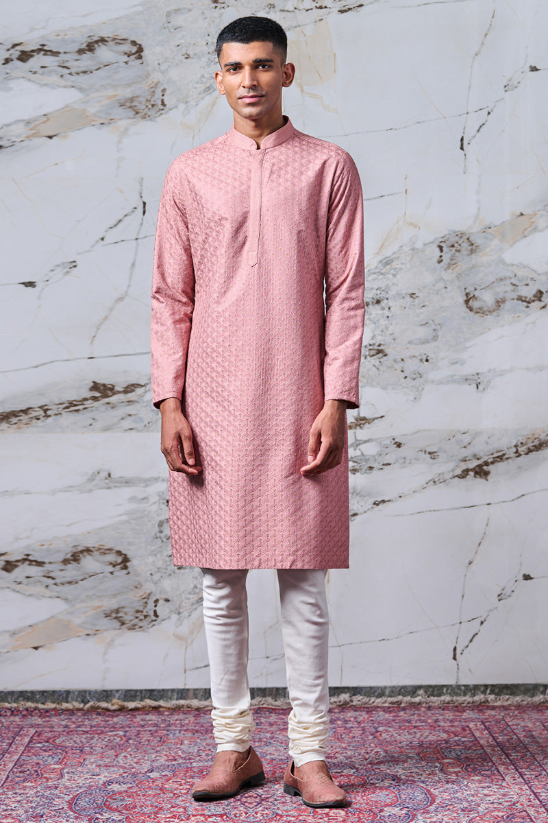 Peach All Over Thread Embroidered Kurta Set