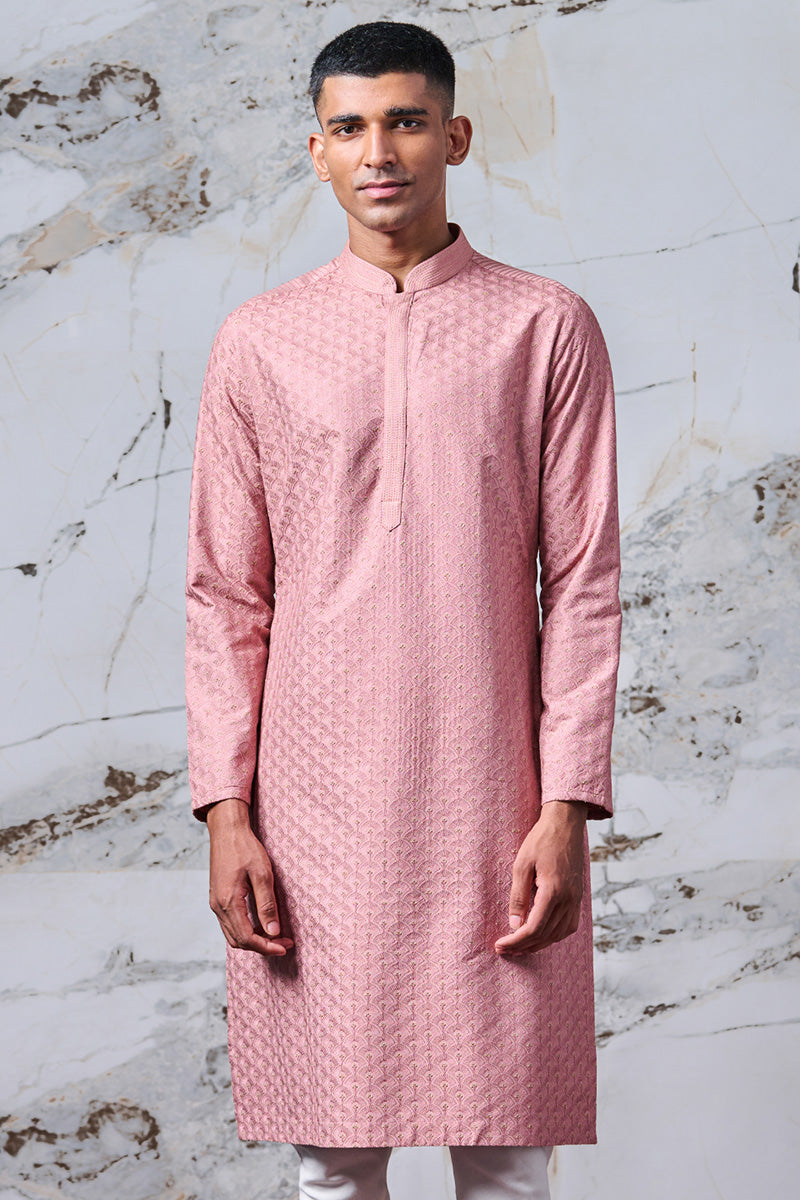 Peach All Over Thread Embroidered Kurta Set