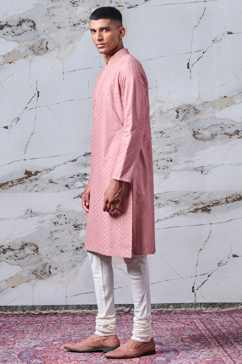 Peach All Over Thread Embroidered Kurta Set