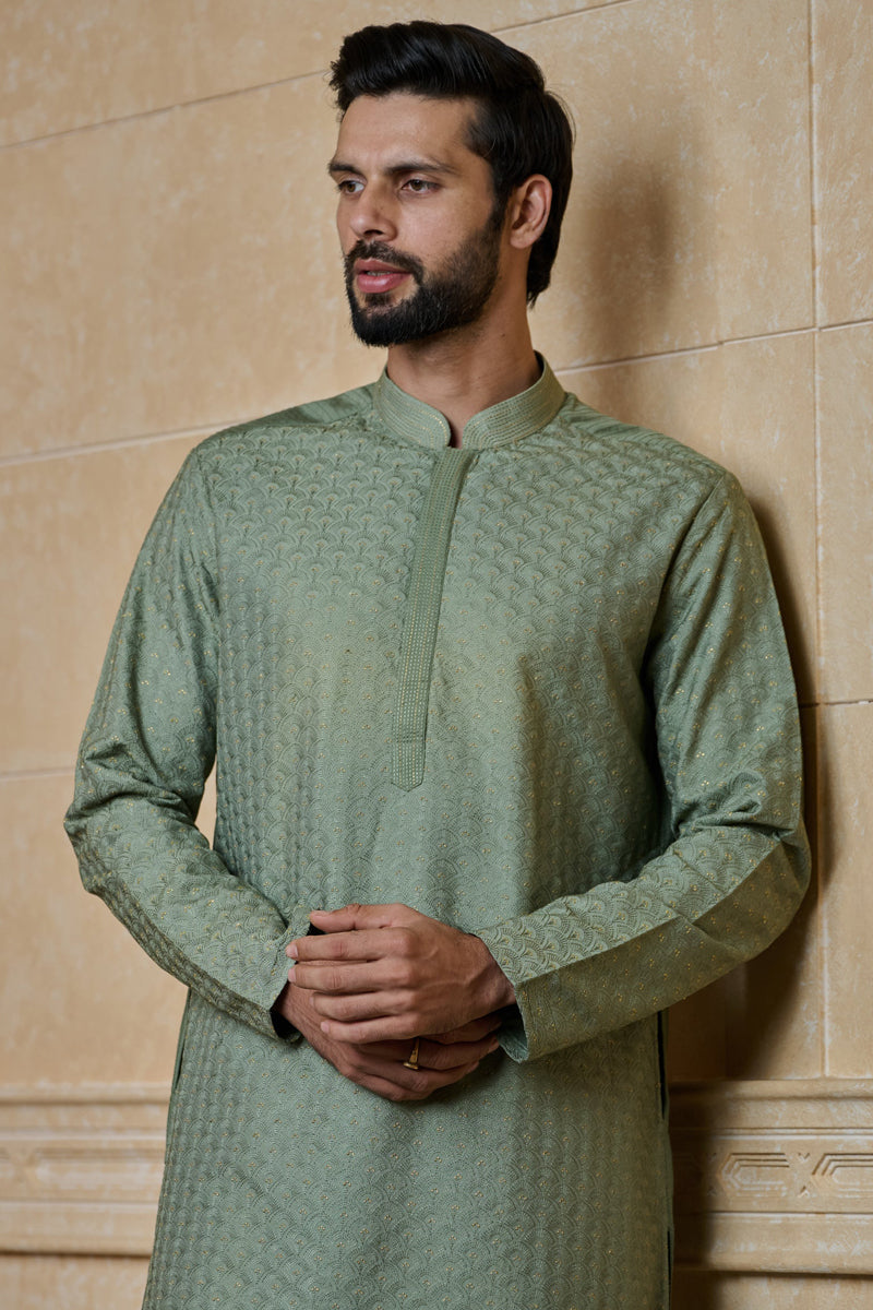 Green All Over Thread Embroidered Kurta Set