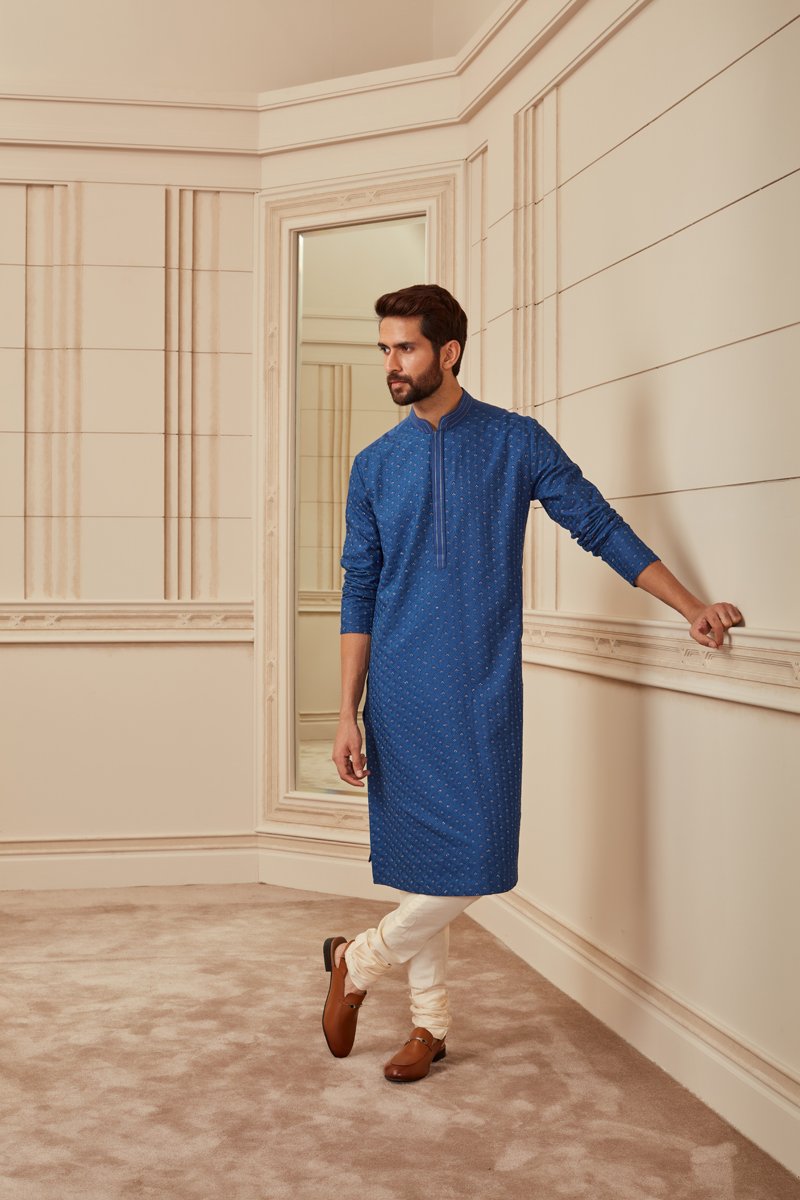 Medium Blue All Over Thread Embroidered Kurta Set