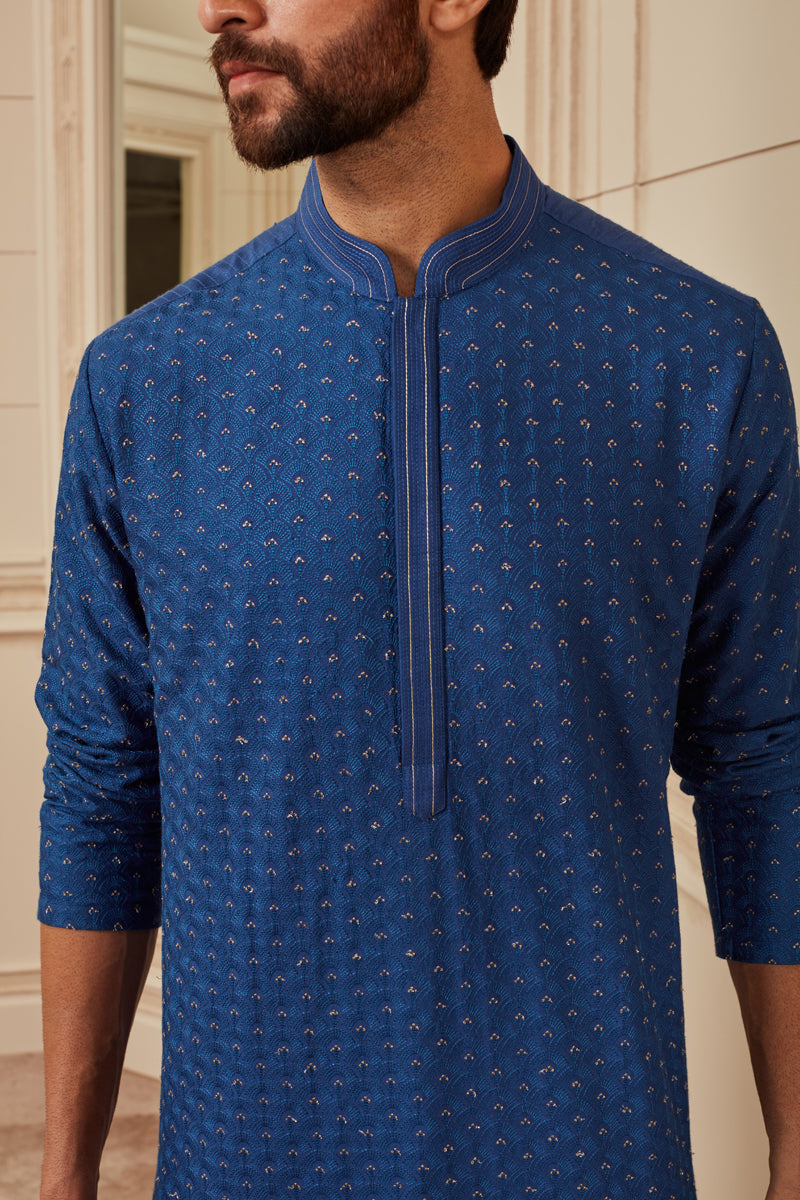 Medium Blue All Over Thread Embroidered Kurta Set