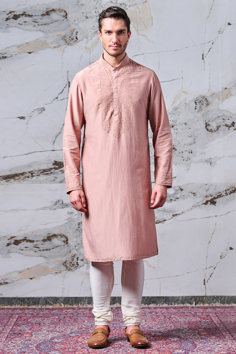 Pink Cotton Silk Kurta Set With Geometrical Resham Work