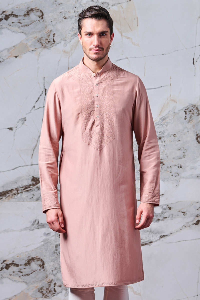 Pink Cotton Silk Kurta Set With Geometrical Resham Work