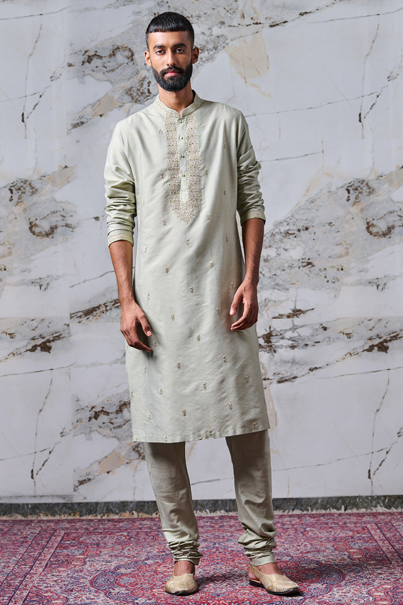 Light Green All Over Embroidered Cotton Kurta Set