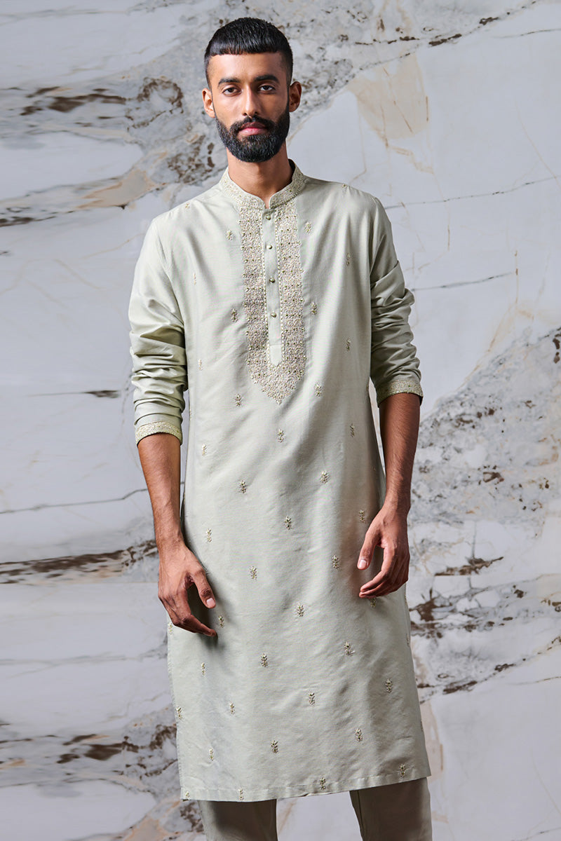 Light Green All Over Embroidered Cotton Kurta Set