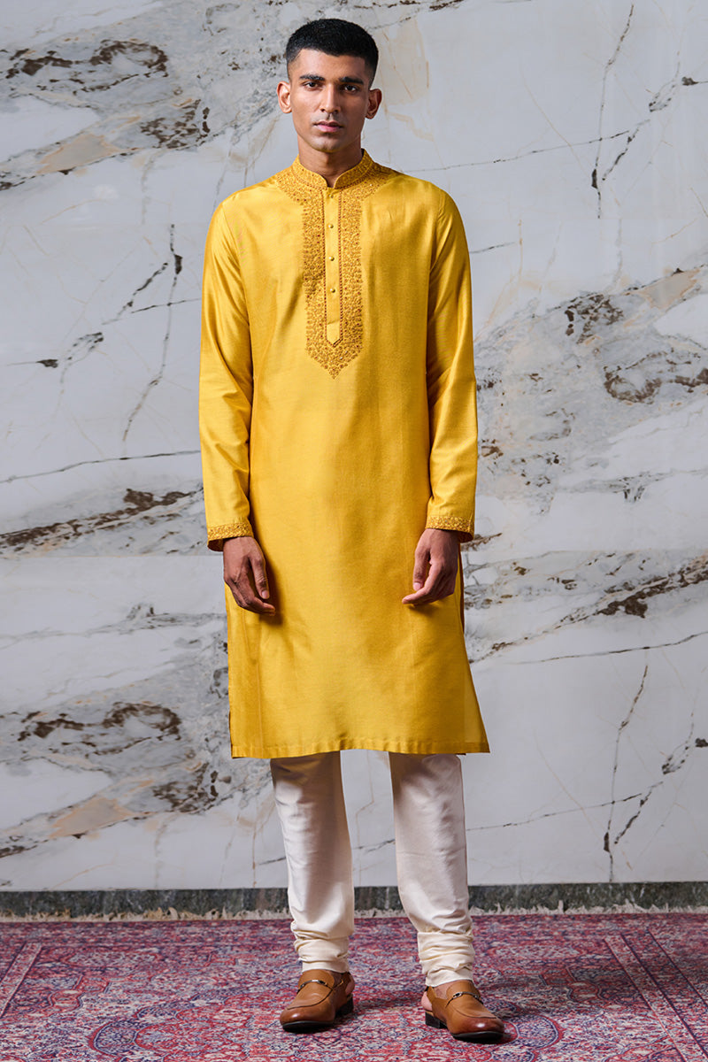 Yellow Ochre Kurta Set With Embroidered Collar and Placket