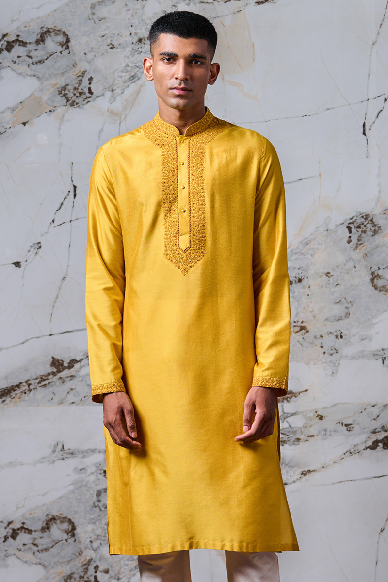 Yellow Ochre Kurta Set With Embroidered Collar and Placket