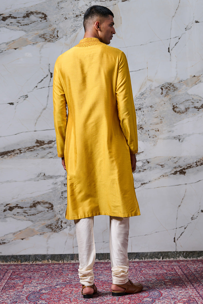 Yellow Ochre Kurta Set With Embroidered Collar and Placket