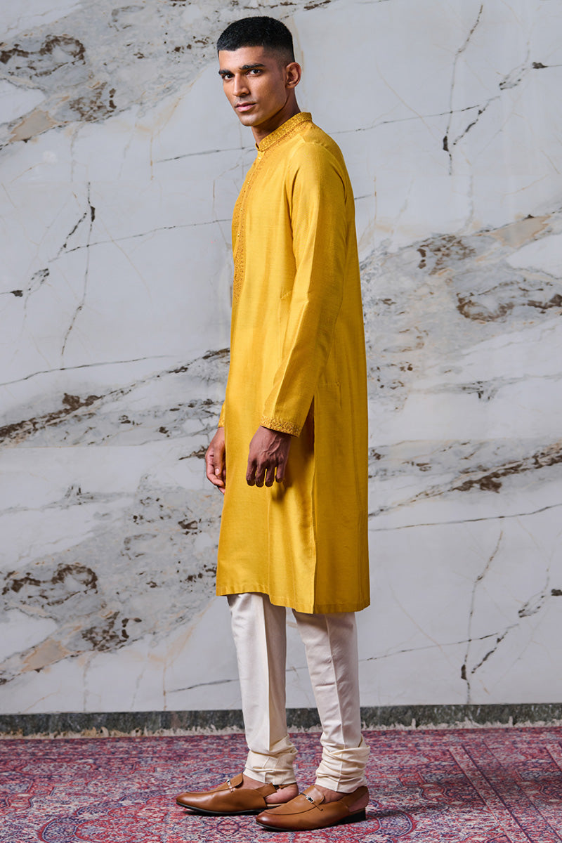 Yellow Ochre Kurta Set With Embroidered Collar and Placket