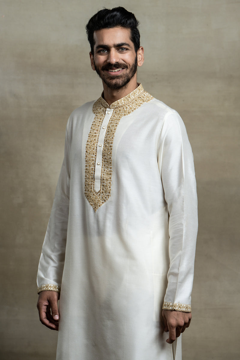 Ivory Kurta Set With Embroidered Collar and Placket