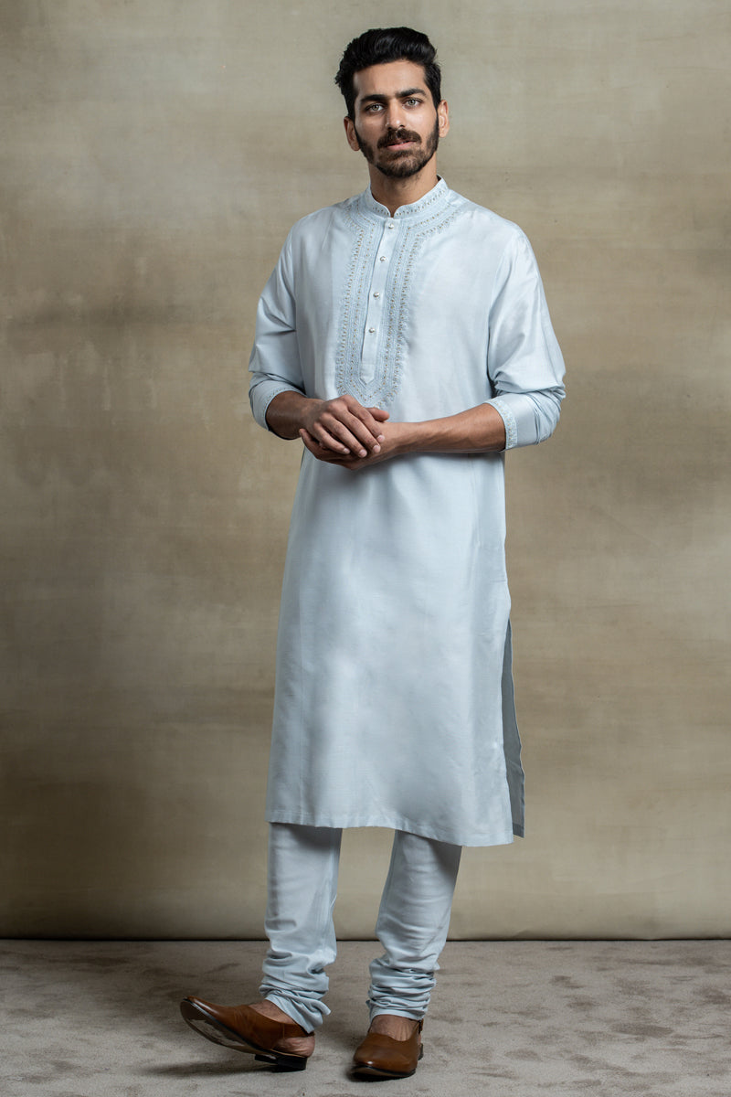 Light Blue Cotton Kurta Set With Embroidered Collar and Placket