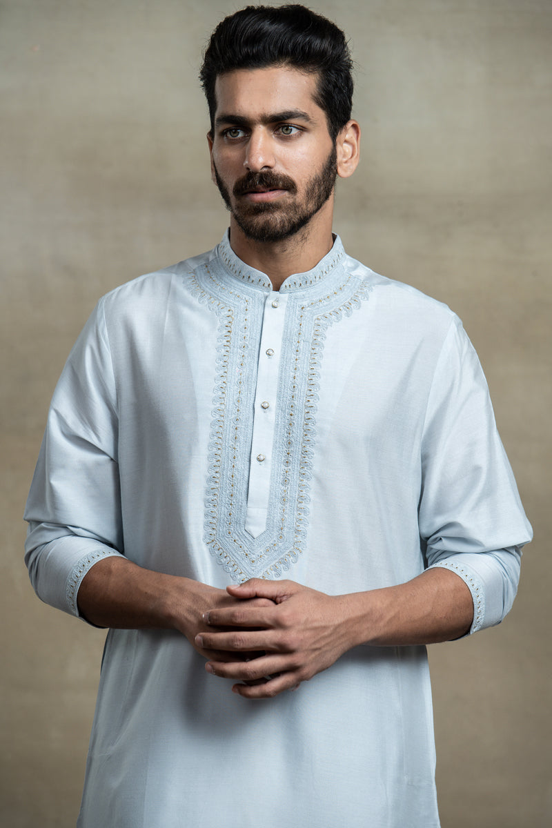 Light Blue Cotton Kurta Set With Embroidered Collar and Placket