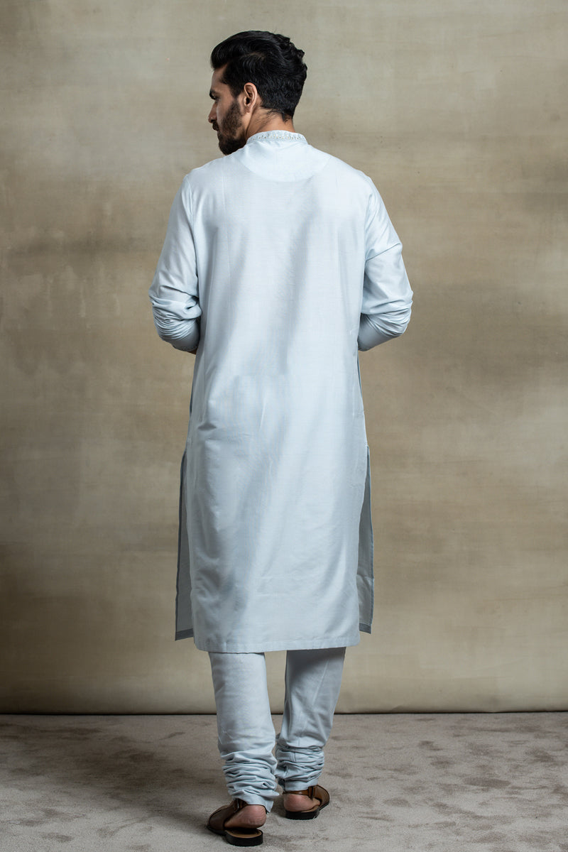 Light Blue Cotton Kurta Set With Embroidered Collar and Placket