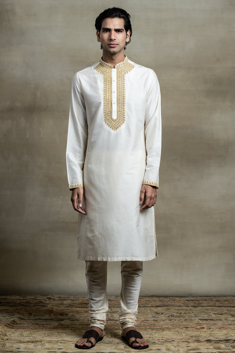 Ivory Cotton Kurta Set With Embroidered Collar and Placket