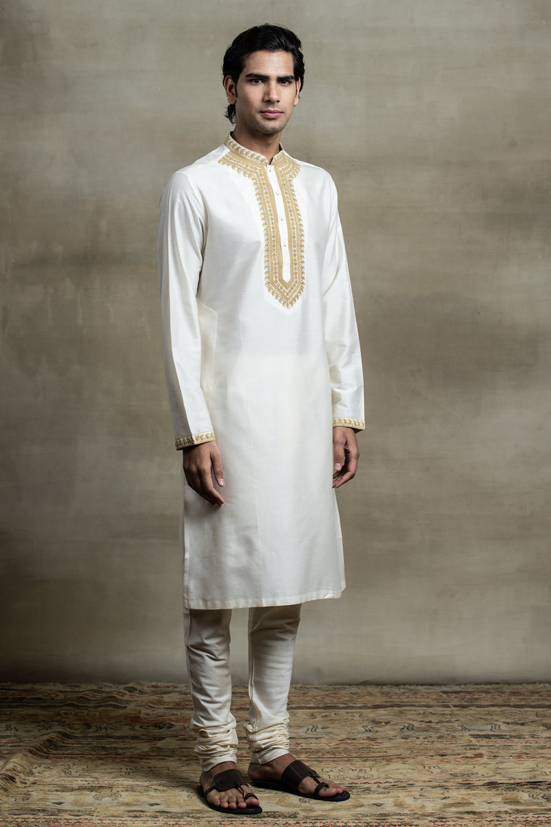 Ivory Cotton Kurta Set With Embroidered Collar and Placket